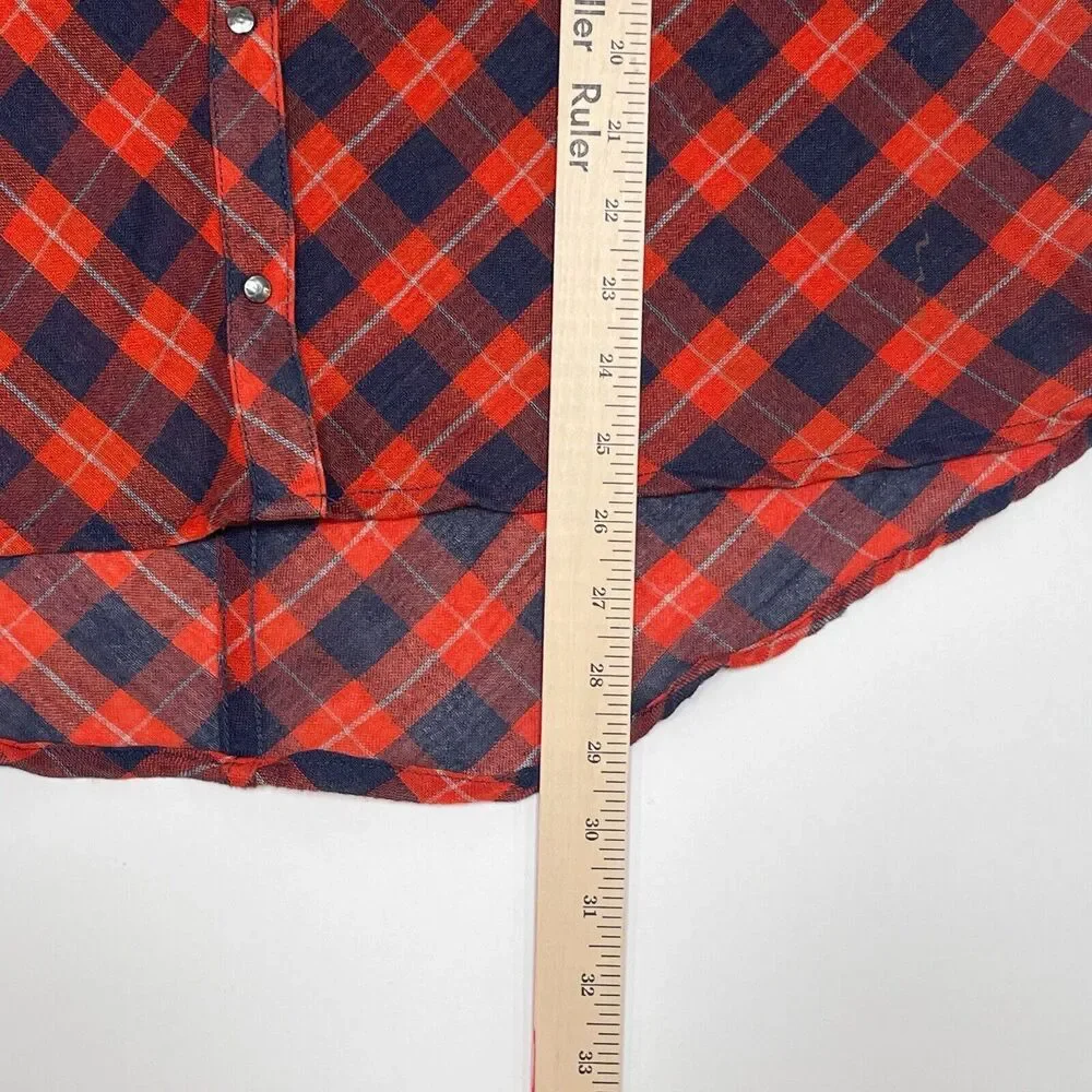 Free People Top Medium Orange Blue Plaid‎ Snap Button Front Relaxed Sheer Hi Low